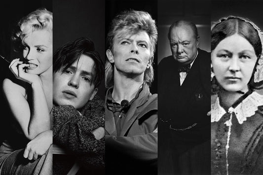 A collage of Marilyn Monroe, Kit Connor, David Bowie, Winston Churchill and Florence Nightingale.