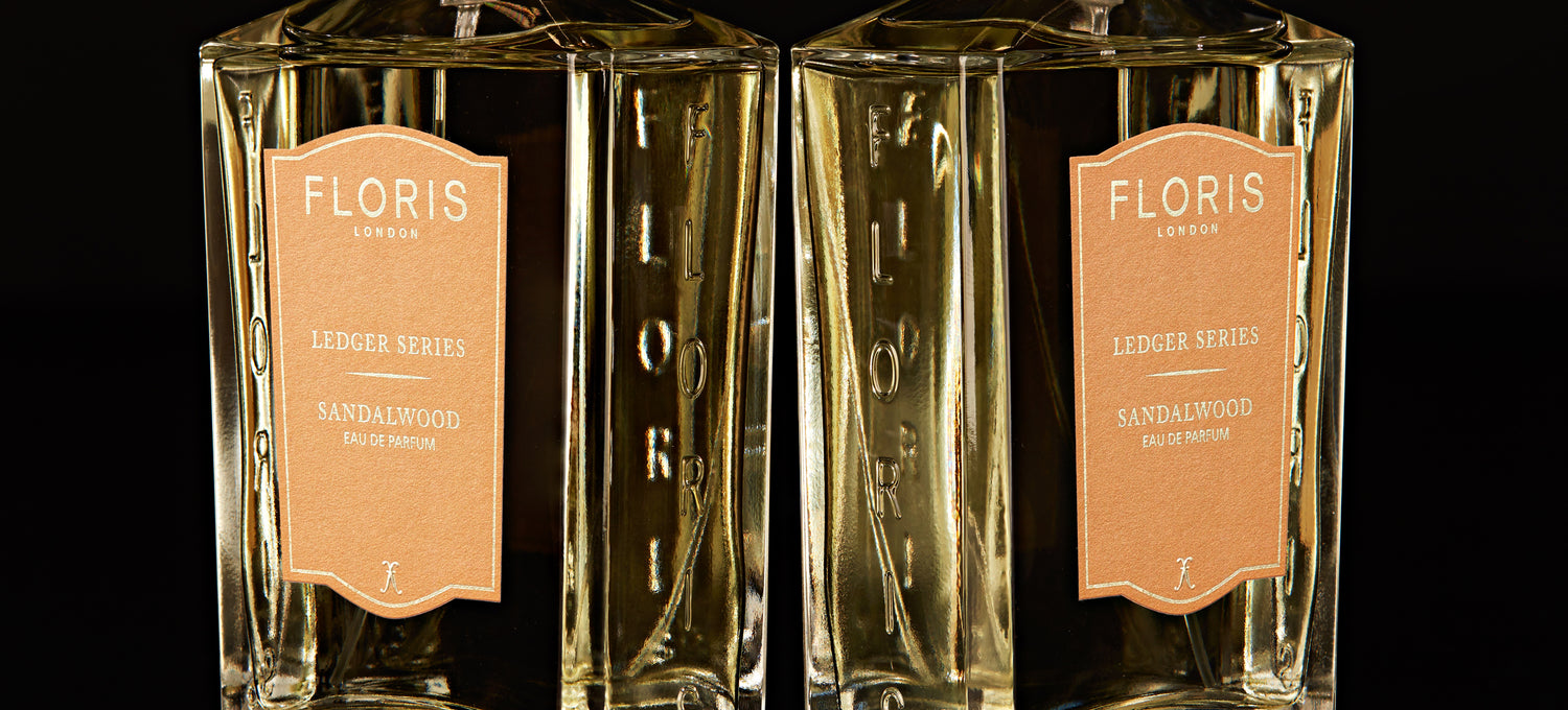 two bottles of Floris London Sandalwood facing away from eachother