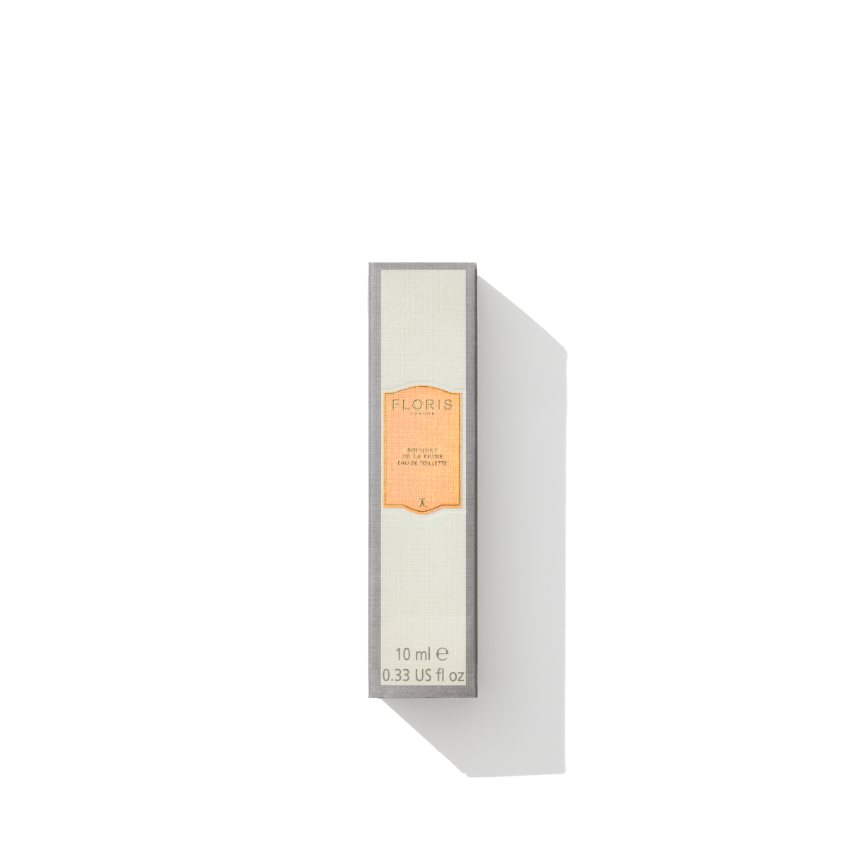 A 10 ml bottled box of Floris London Bouquet de La Reine - Eau de Toilette, adorned with an orange label on the front, casting a shadow on a white background. The essence offers a fruity floral scent with notes of violet leaf, making it an exquisite choice.