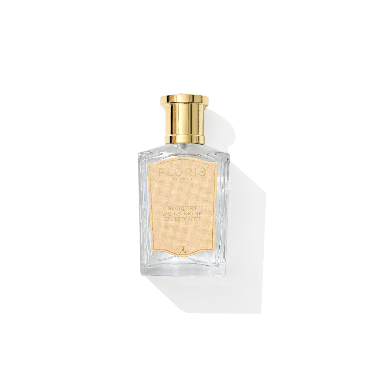 Clear glass Floris London "Bouquet de La Reine" Eau de Toilette bottle with a gold cap, featuring violet leaf and tuberose notes.