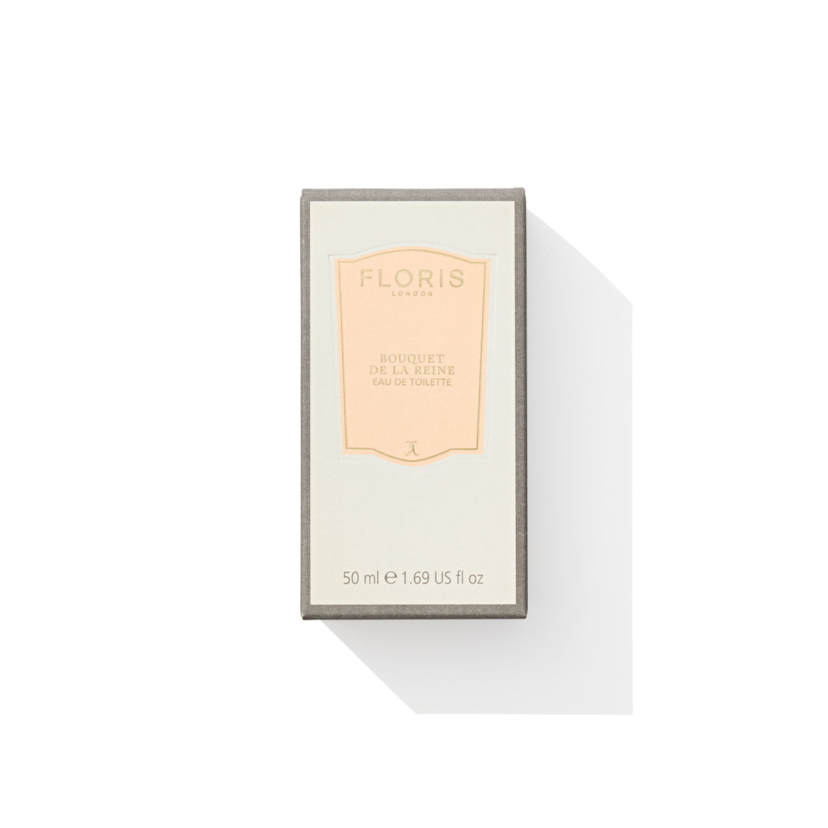 Floris London's Bouquet de La Reine Eau de Toilette, 50ml, comes in a box featuring violet leaf notes on a pristine white background.