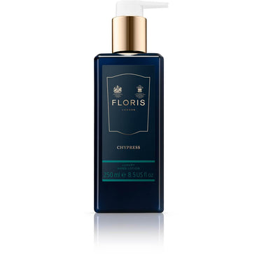 A 250 ml bottle of Floris London UK Chypress Luxury Hand Lotion with pump, infused with soothing Jojoba and sweet almond oils.