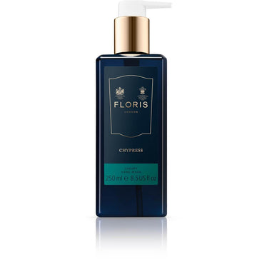 Floris London's Chypress luxury hand wash, dark blue with a pump top, infused with bergamot zest. Capacity: 250 ml (8.5 fl oz).