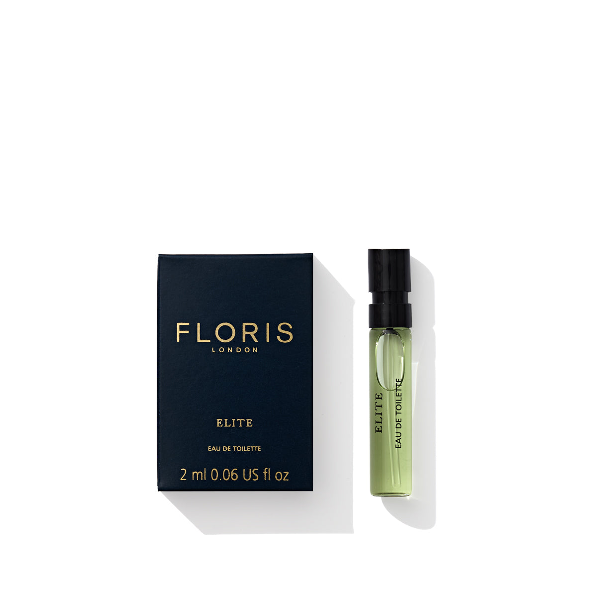 Floris London's Elite Eau de Toilette with woody notes is featured in a 2 ml bottle beside its matching box on a white background.