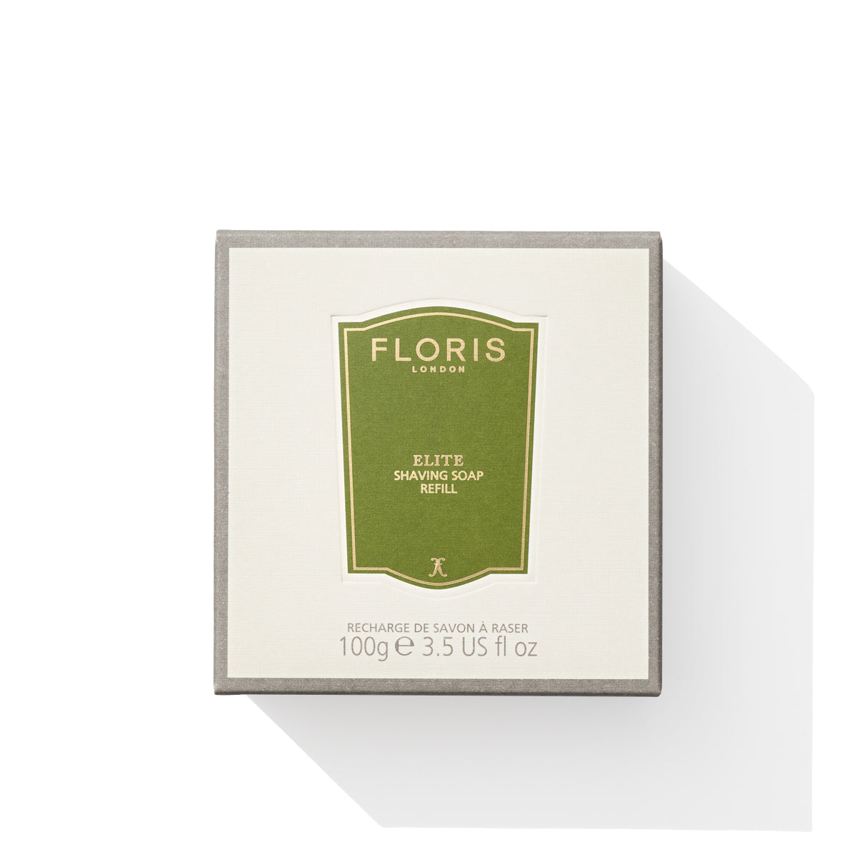 Floris London Elite Shaving Bowl Refill 100g, enriched with shea butter, on a white background.