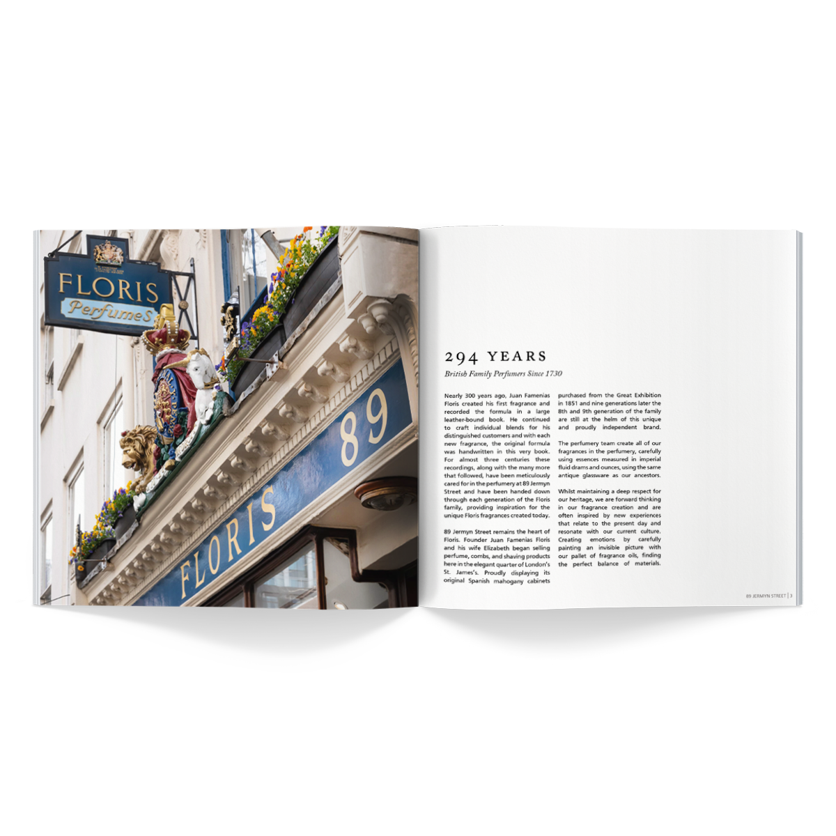 An open booklet showing a photograph on the left page of the Floris store facade with a 'FLORIS Perfumes' sign and the address number 89. The right page has text titled '294 Years' with a subtitle 'British Family Perfumers Since 1730,' providing historical information about the Floris brand.