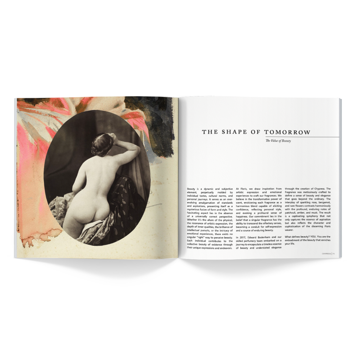 An open booklet showing a photograph on the left page of an artistic watercolour, overlayed with a vintage photograph of a nude lady. The right page has text titled 'The Shape of Tomorrow', detailing the inspiration of Chypress and its inspiration of beauty.