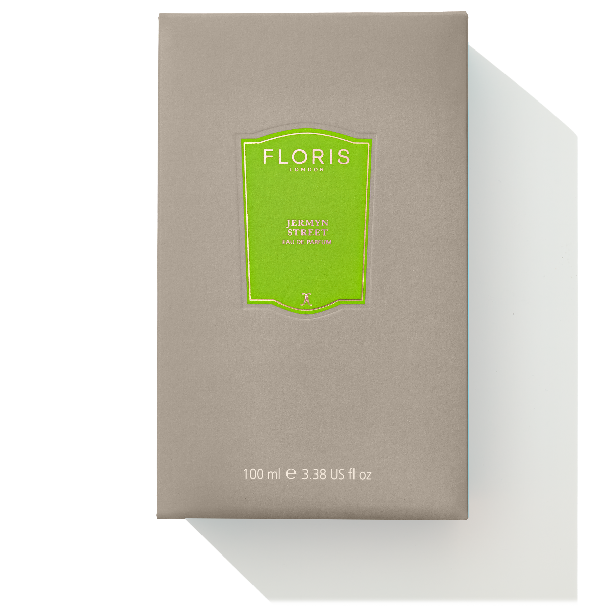 A beige box of Floris London Jermyn Street - Eau de Parfum, 100 ml with a green label on the front, housing a refined fragrance that exudes the rich notes of vetiver.