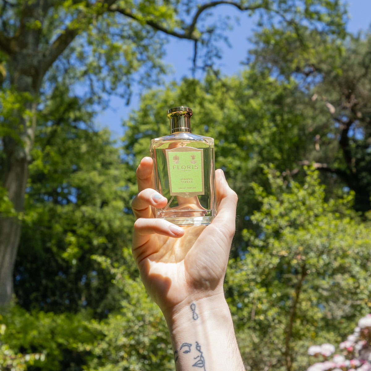 A hand holds a Jermyn Street Eau de Parfum bottle by Floris London, set against lush green trees and blue sky, capturing the essence of vetiver.