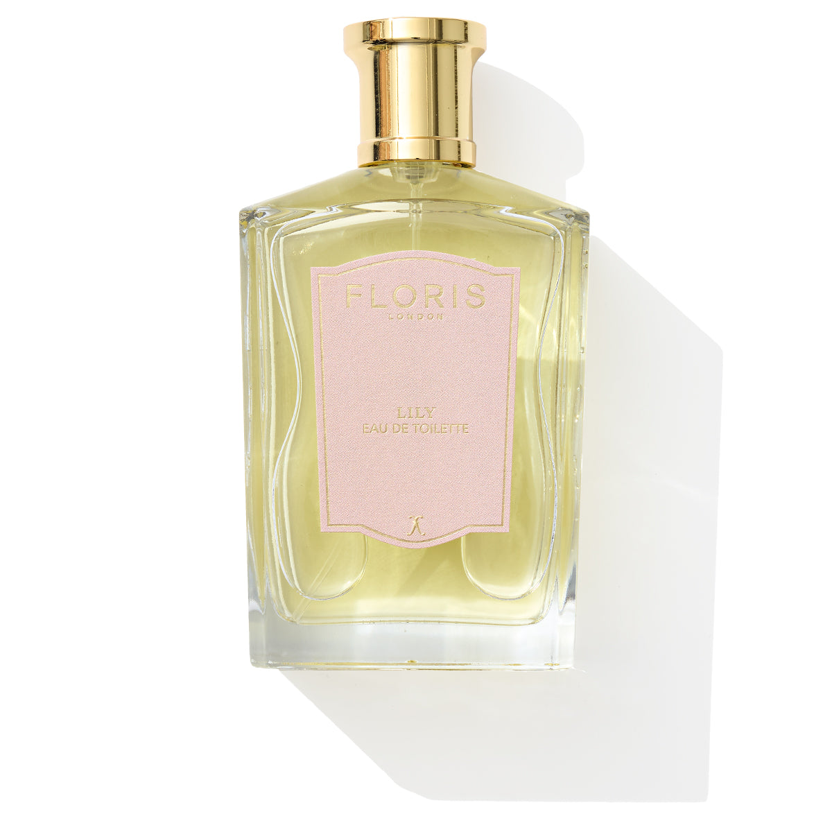 Floris London's Lily - Eau de Toilette features a gold cap and pink label, showcasing floral notes of Lily of the Valley against a white background.