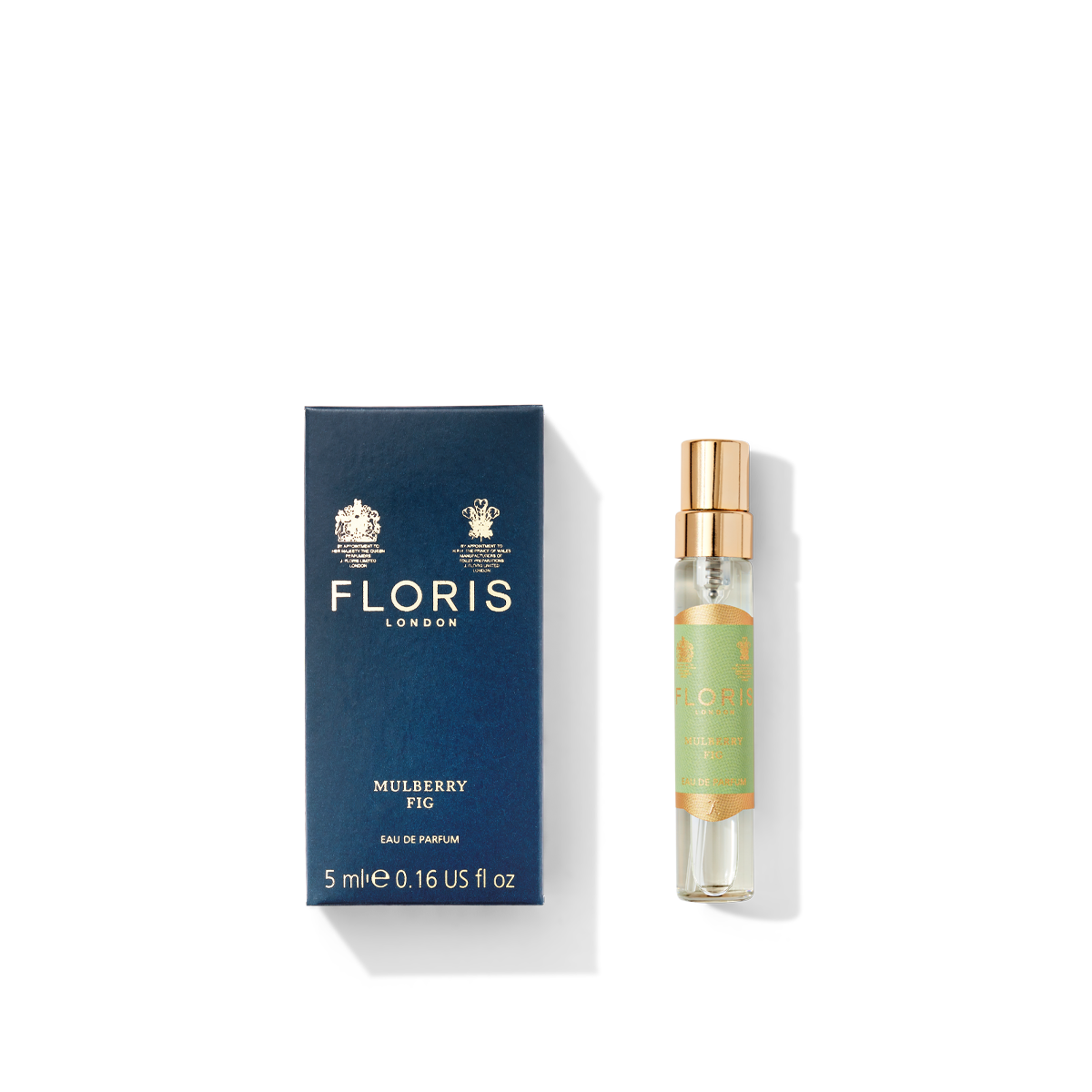 Floris London's Mulberry Fig - Eau de Parfum, 5ml, comes in a floral amber fragrance with a gold cap and label on the spray bottle.