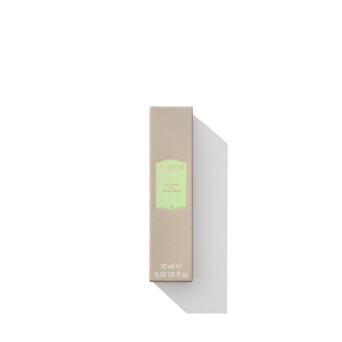 A beige rectangular perfume box labeled "Floris London" with a green section hints at the floral amber fragrance and woody character of Mulberry Fig - Eau de Parfum within; 10 ml (0.33 US fl oz) written at the bottom.