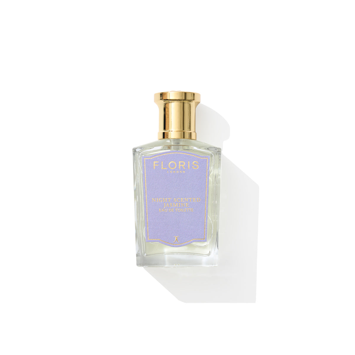 Gold-capped perfume bottle with purple label reads "Floris London Night Scented Jasmine," capturing the allure of moonlit roses.