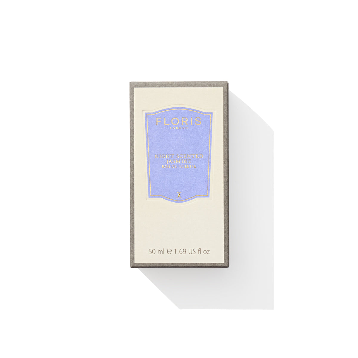 Floris London's Night Scented Jasmine Eau de Toilette features a purple label perfume box on a serene white background, evoking the scent of jasmine.