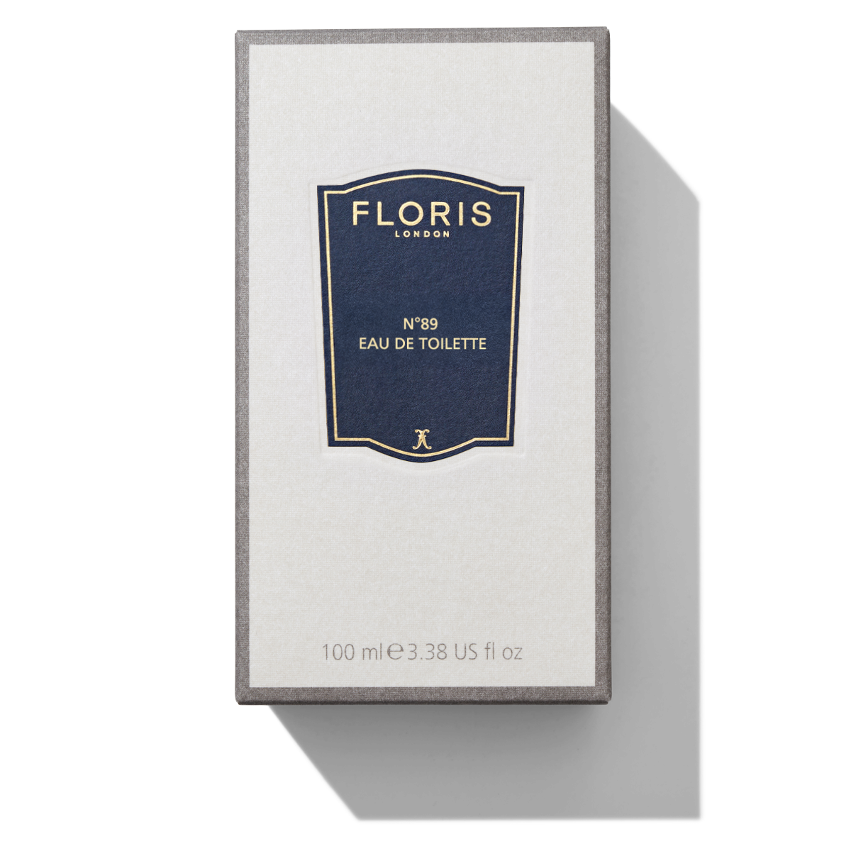 Floris London's No. 89 Eau de Toilette box, with a classic dark blue and gold design, encapsulates a distinguished gentleman's fragrance.