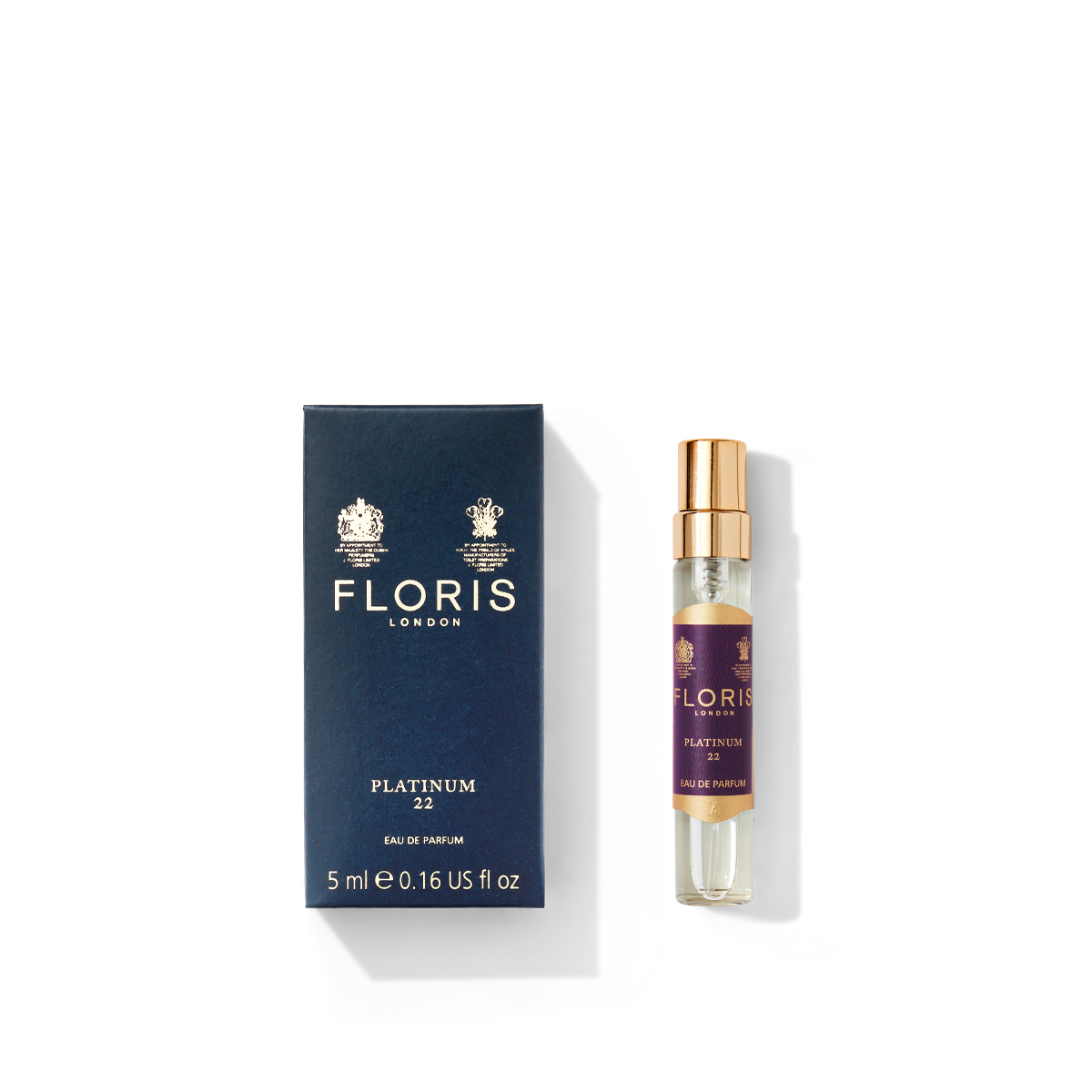 Floris London's Platinum 22 Eau de Parfum comes in a limited-edition dark blue box with gold accents and a small spray bottle.