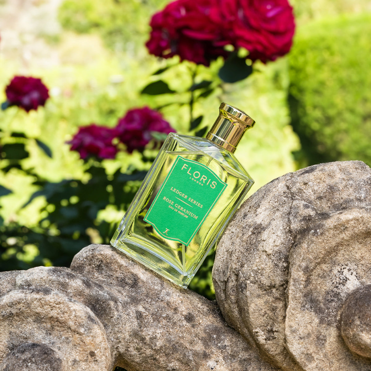 Rose Geranium by Floris London UK is a perfume bottle with a green label on stone, surrounded by red flowers, greenery, and citrus hints.