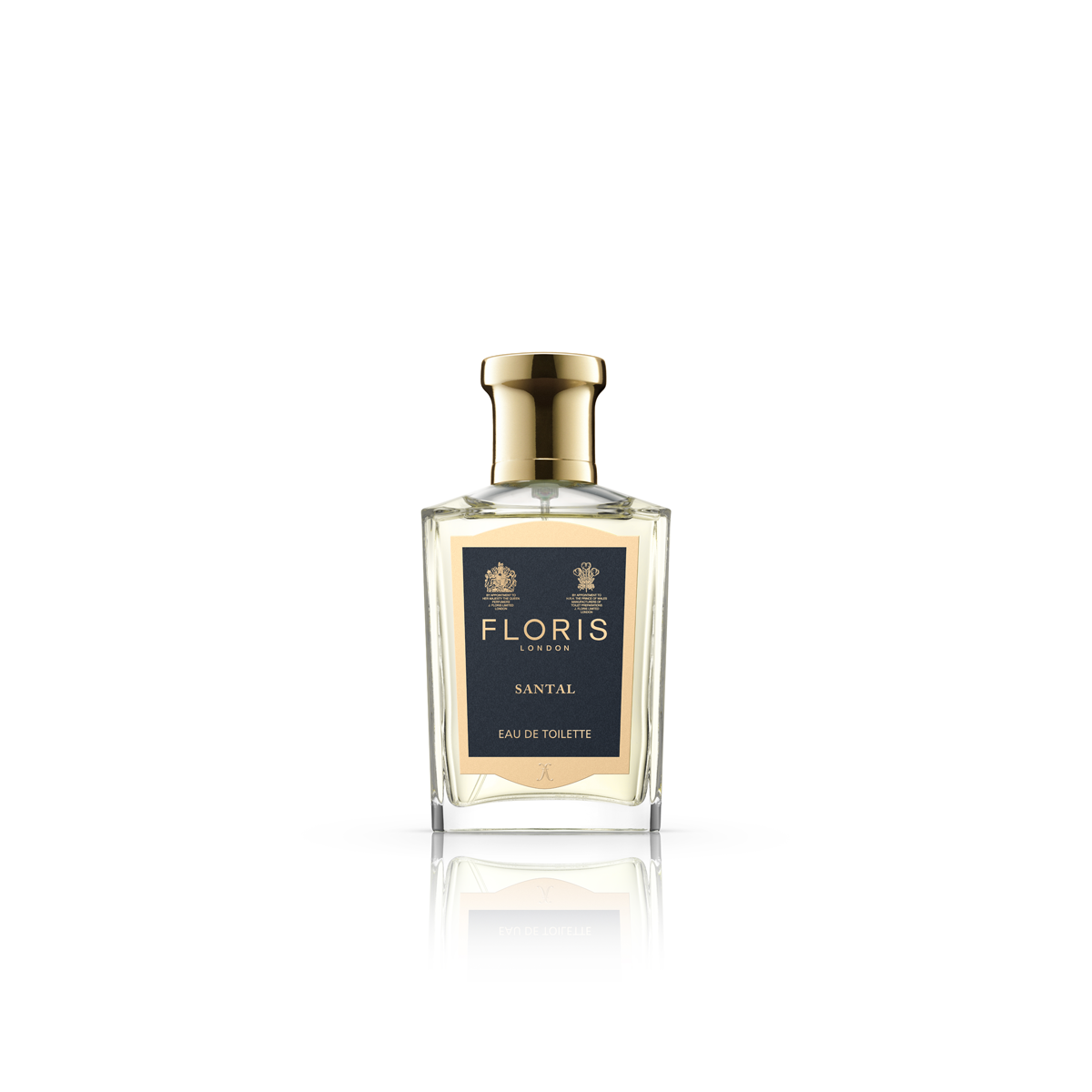 A 50ml bottle of Floris London's Santal Eau de Toilette, featuring a woody fougère scent, gold cap, and black label.