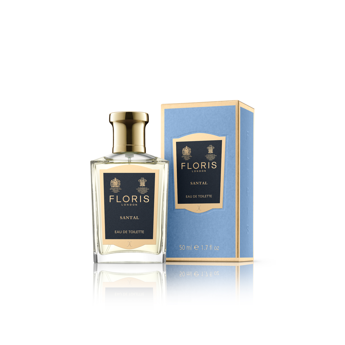 A 50ml bottle of Floris London's Santal Eau de Toilette in blue and gold packaging offers a sophisticated sandalwood scent with woody fougère notes.