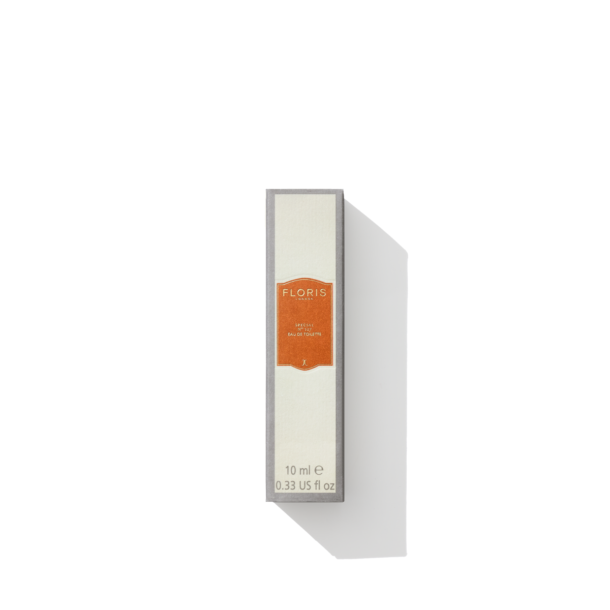 A white and orange box containing a 10 ml bottle of Special No. 127 - Eau de Toilette by Floris London, standing upright against a white background.