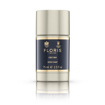 Floris London UK's Cefiro Deodorant Stick, 75 ml, has a gold and dark label design. It's antibacterial, ideal for sensitive skin, and free from alcohol and aluminum.