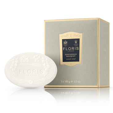 Floris London UK Edwardian Bouquet Soaps (3 x 100g), infused with shea butter, boast an embossed design and elegant packaging.